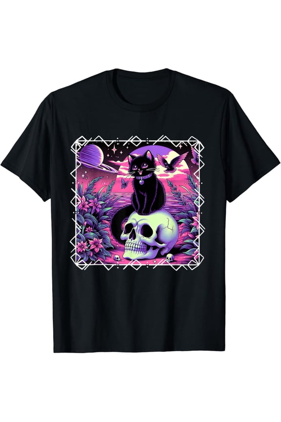 Hot Trending Pastel Goth Aesthetic Kawaii Creepy Cat Japanese Theme Skull T-Shirt Vintage Tee -Birthday Gifts