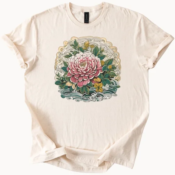 Hot Trending Peony Flower T-shirt Japanese Art Graphic Tee Unique Top Design Preview Only