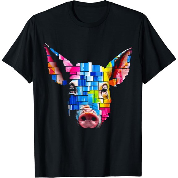 Hot Trending Pig Geometric Colorful Animal Pixel Art Graphic Pig T-Shirt Vintage Tee -Birthday Gifts