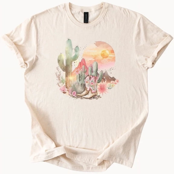 Hot Trending Pink Sunset Cowgirl Boots Cactus Graphic T Shirt Top Design Preview Only