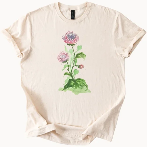 Hot Trending Pink and Purple Thistle Flower Graphic Tee Botanical Nature T Shirt Design Preview Only