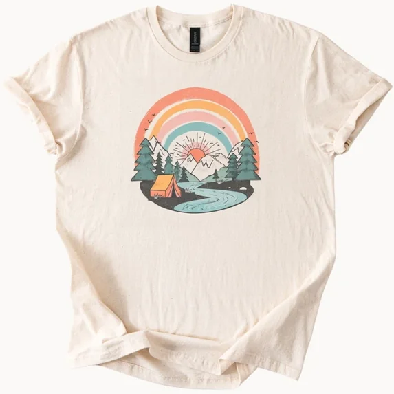 Hot Trending Rainbow Camping Shirt Retro Nature Graphic Tee Design Preview Only