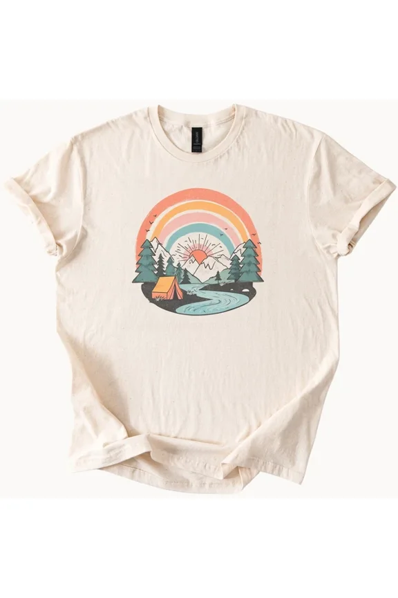 Hot Trending Rainbow Camping Shirt Retro Nature Graphic Tee Design Preview Only