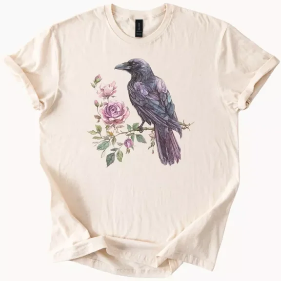 Hot Trending Raven Perched on Roses Graphic T Shirt Bird Flower Tee Design Preview Only
