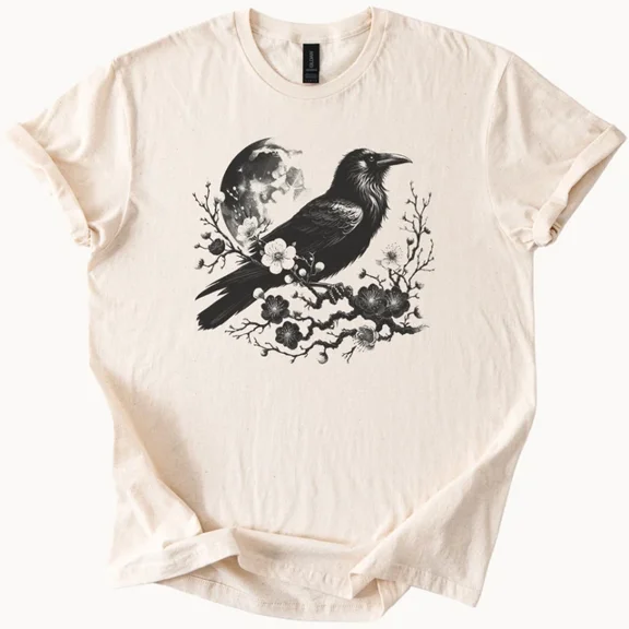 Hot Trending Raven Shirt Moon Flowers Graphic T-Shirt Bird Nature Tee Beige Design Preview Only
