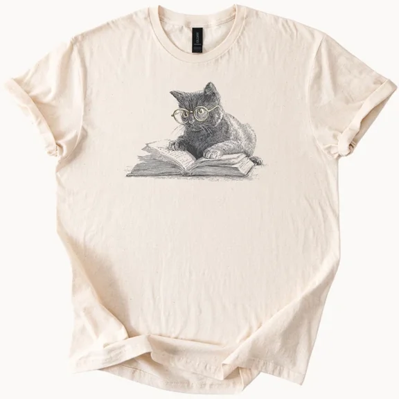 Hot Trending Reading Cat T-Shirt Feline Book Lover Gift Cute Animal Graphic Tee Design Preview Only