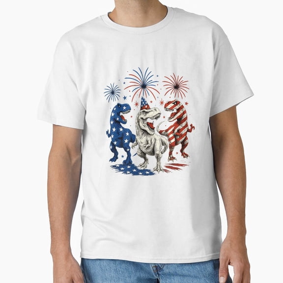 Hot Trending Red White Blue T Rex Dinosaur Firework 4Th Of July Classic T-Shirt, Gift For Patriotic, Independence Day Shirt, Red White Blue Shirt, S-5Xl Birthday Gifts; For Men & Women