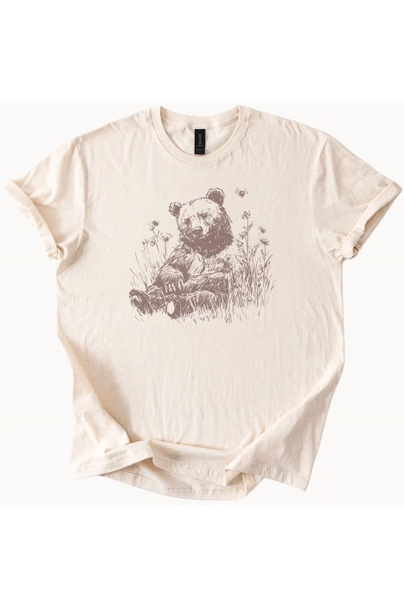 Hot Trending Relaxed Bear in Meadow Graphic Nature Animal Soft Unisex T Shirt Design Preview Only