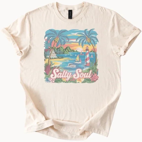 Hot Trending Salty Soul Beach Palm Tree Lighthouse Graphic Ocean Tee Summer Vacation Design Preview Only