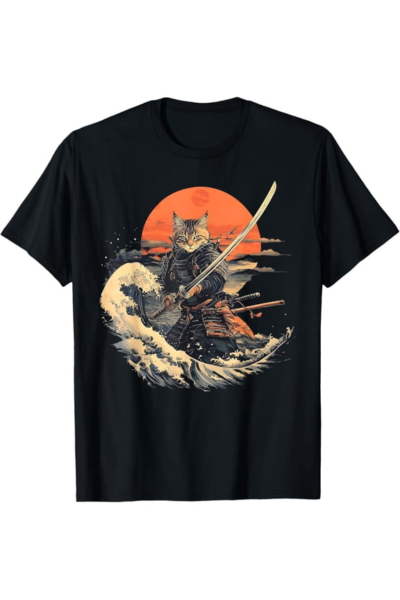 Hot Trending Samurai Cat Graphic Tee Warrior Vintage Japanese Art Anime T-Shirt Vintage Tee -Birthday Gifts