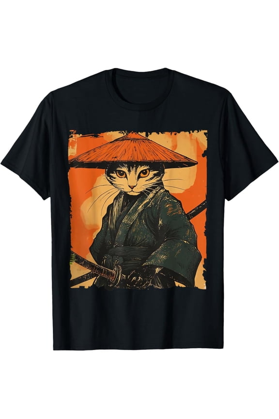 Hot Trending Samurai Cat Graphic Tee Warrior Vintage Japanese Art Anime T-Shirt Vintage Tee -Birthday Gifts