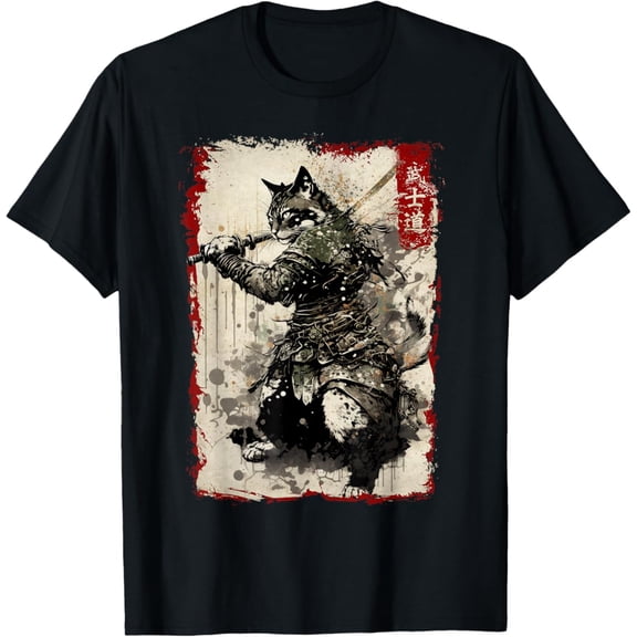 Hot Trending Samurai Cat Graphic Tee Warrior Vintage Japanese Art Anime T-Shirt Vintage Tee -Birthday Gifts