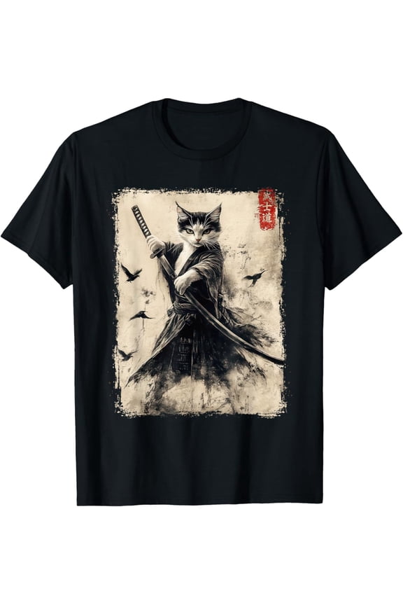 Hot Trending Samurai Cat Graphic Tee Warrior Vintage Japanese Art Anime T-Shirt Vintage Tee -Birthday Gifts