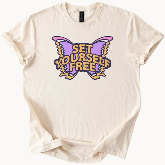 Hot Trending Set Yourself Free Butterfly Graphic Tee Positive Retro Style Motivational Shirt Design Preview Only
