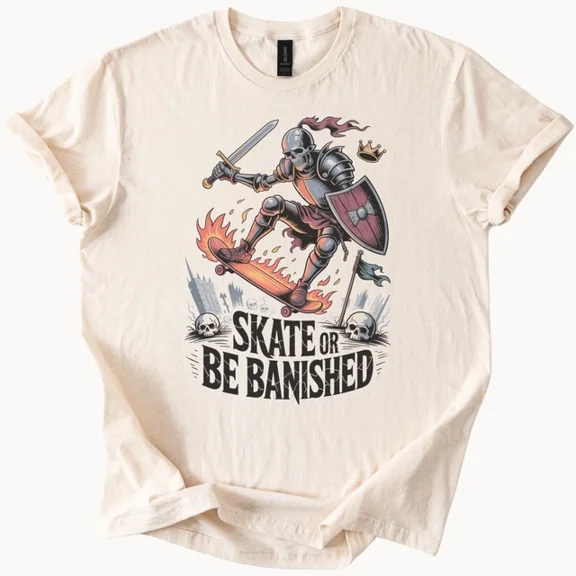 Hot Trending Skate Or Be Banished Skeleton Knight Skateboard Tee Design Preview Only