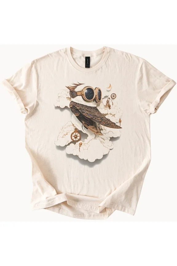 Hot Trending Steampunk Owl Graphic Tee with Goggles Gears and Celestial Clouds Design Preview Only