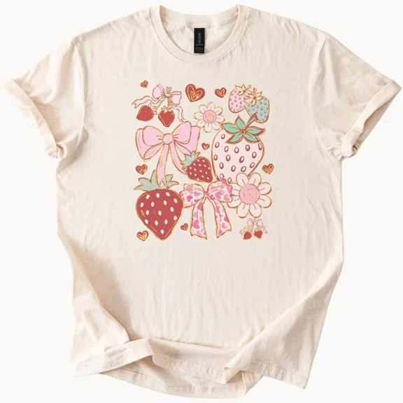 Hot Trending Strawberry Bows Hearts Tee Cute Y2K Shirt Design Preview Only