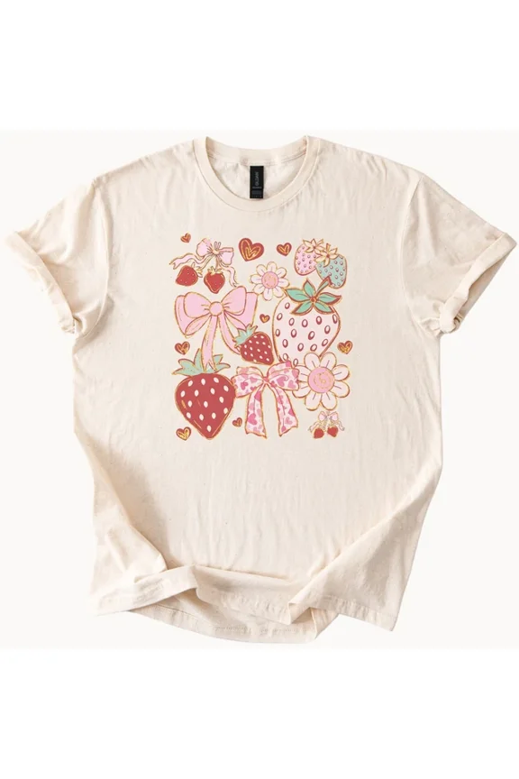 Hot Trending Strawberry Bows Hearts Tee Cute Y2K Shirt Design Preview Only