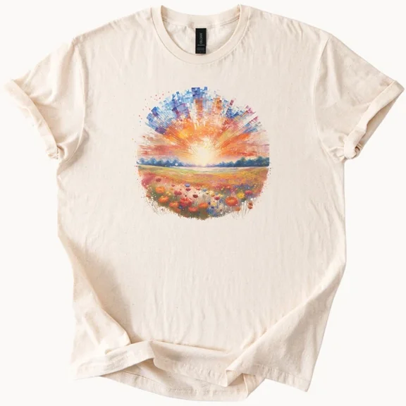 Hot Trending Sunset Field Graphic Tee Colorful Horizon Shirt Artistic Top Design Preview Only
