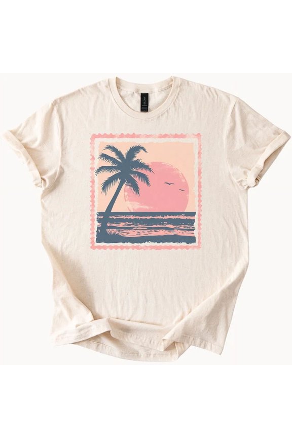 Hot Trending Sunset Palm Tree Graphic Tee Beach Vacation Shirt Design Preview Only