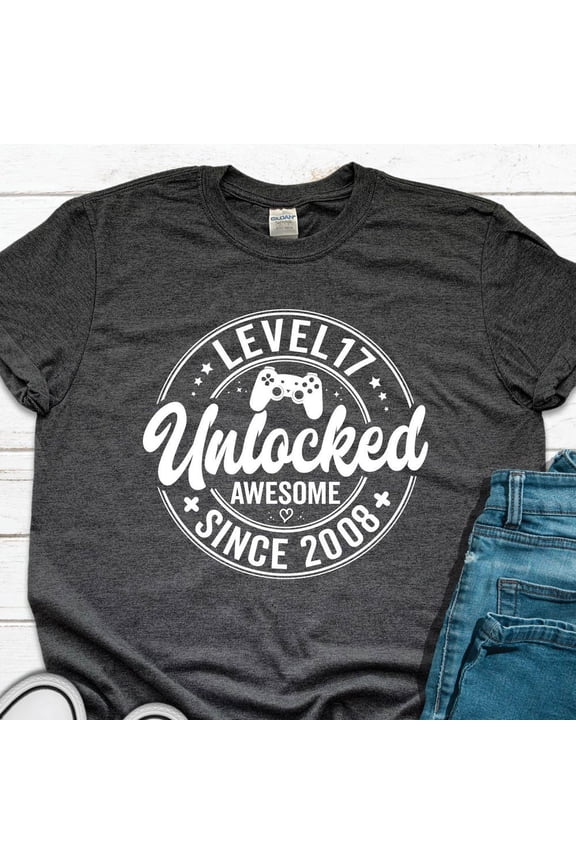 Hot Trending T-Shirt With 17Th Birthday Shirt, Level 17 Unlocked Awesome Since 2008 Shirt, Turning 17, 17 Year Old Birth Gift Tshirt, Funny Seventeen Birthday T Shirt Design Preview Only