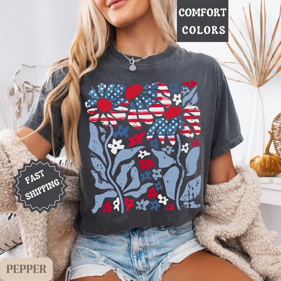 Hot Trending T-Shirt With Cute 4Th Of July Shirt For Women Teen Girl Usa Tee Boho American Flag T-Shirt Daisy Graphic Top Patriotic Shirt Summer Outfit Design Preview Only