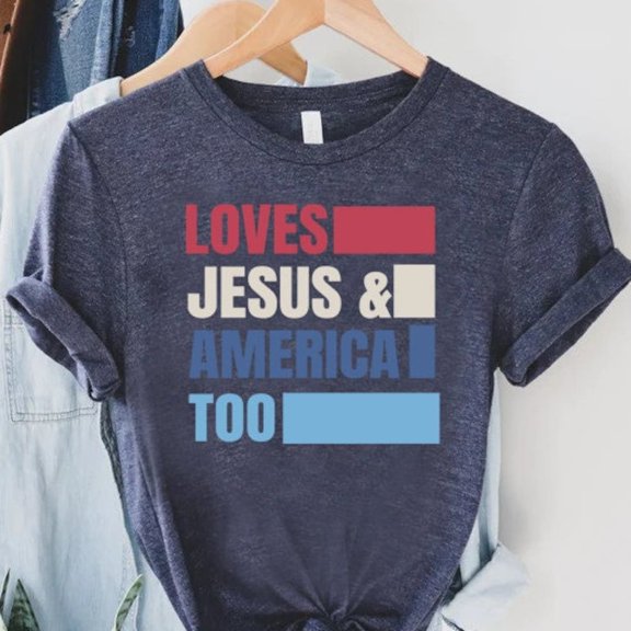 Hot Trending T-Shirt With Loves Jesus And America Too Shirt, America Shirt, 4Th Of July Gift Shirt, Memorial Day Shirt,Independence Day Gift,Patriotic Christian Shirt Design Preview Only