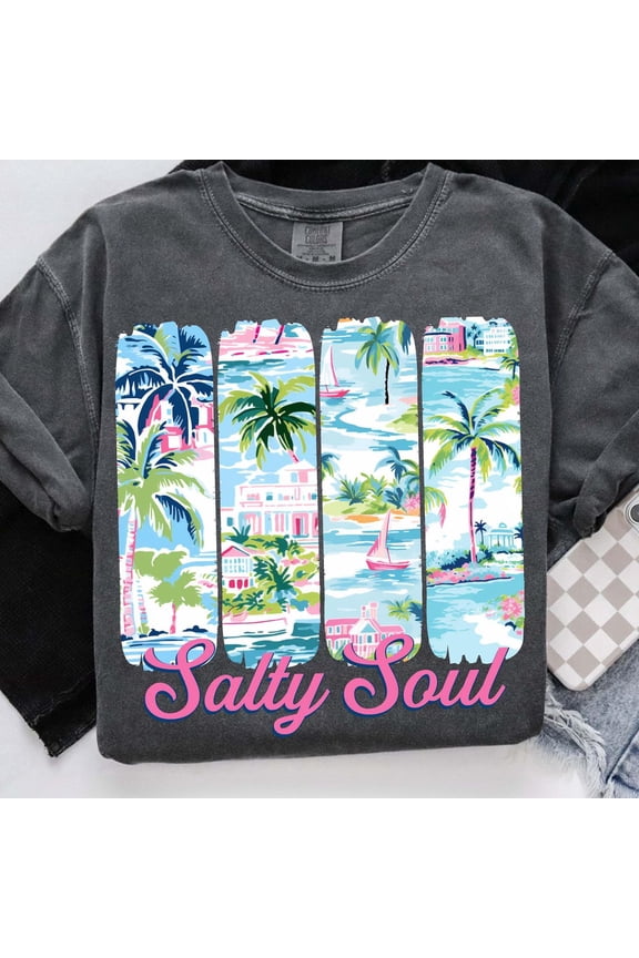 Hot Trending T-Shirt With Pink Salty Soul Summer, Preppy Hot Beach, Beach Vibes, Aesthetic Summer, Brushstroke Trendy Summer, Girly Summer Unisex S-5Xl Hot Trending Design Preview Only
