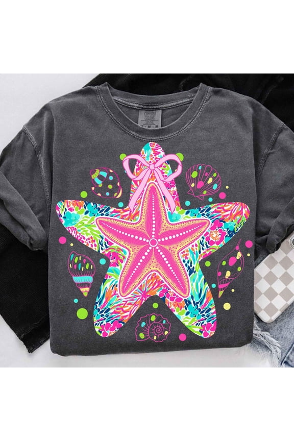 Hot Trending T-Shirt With Preppy Starfish, Retro Floral Summer, Summer Vibes, Ocean, Girly Summer, Beach, Everyday, Aesthetic Unisex S-5Xl Hot Trending Design Preview Only