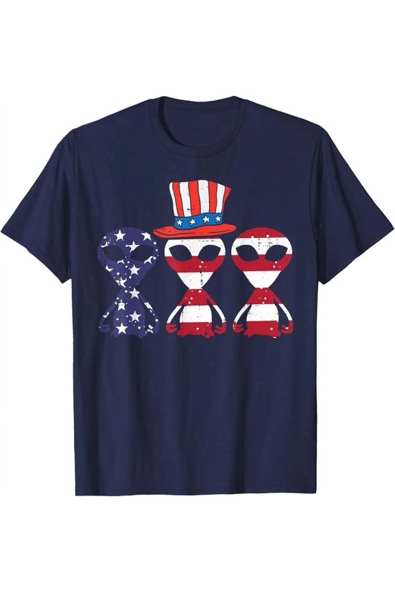 Hot Trending T-Shirt With 3 Aliens Us Flag Funny 4Th Of July Patriotic Space Men Women T-Shirt Design Preview Only