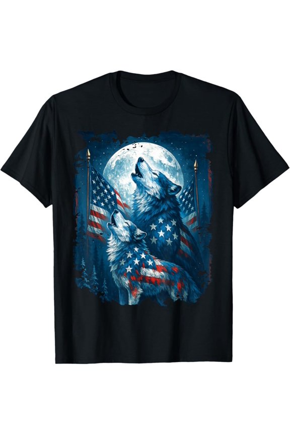 Hot Trending T-Shirt With 4Th Of July American Flag Wolf Howling Moon Wolves July 4Th T-Shirt Design Preview Only