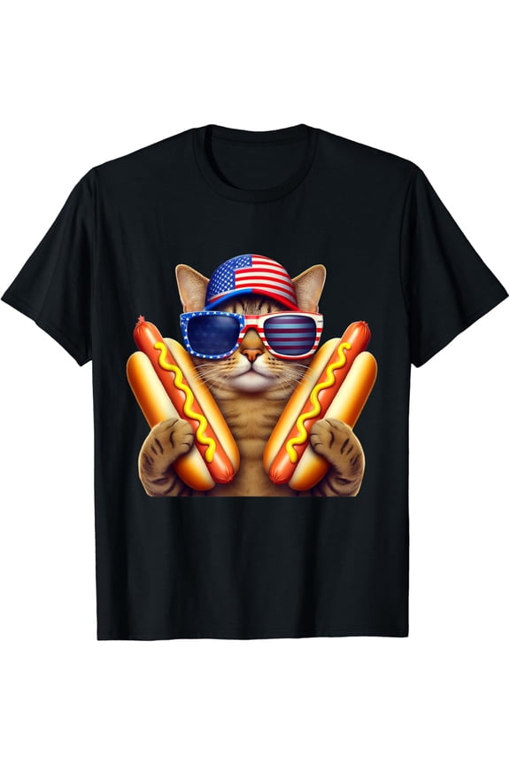 Hot Trending T-Shirt With 4Th Of July Hotdog Cat Funny Patriotic Cat Usa Flag Wiener T-Shirt Design Preview Only