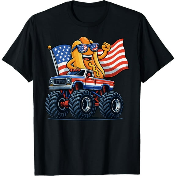 Hot Trending T-Shirt With 4Th Of July Monster Truck Hot Dog American Flag Men Boy T-Shirt Design Preview Only