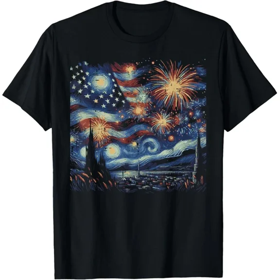 Hot Trending T-Shirt With 4Th Of July Starry Night Usa Fireworks Women Men T Shirt Funny Gift Idea Fo Design Preview Only