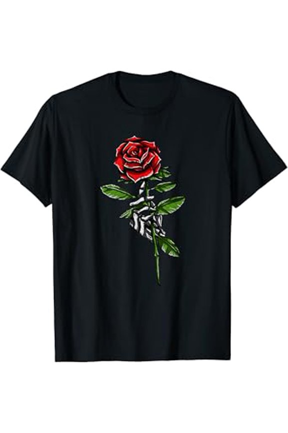 Hot Trending T-Shirt With Aesthetic Goth Skeleton Hand Holding A Red Rose T-Shirt Design Preview Only