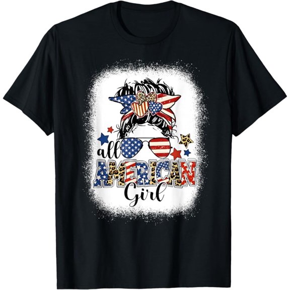 Hot Trending T-Shirt With All American Girl 4Th Of July Shirt Daughter Messy Bun Usa T-Shirt Design Preview Only