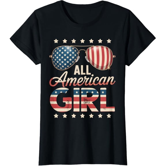 Hot Trending T-Shirt With All American Girl 4Th Of July Us Flag Sunglasses Family T-Shirt Design Preview Only