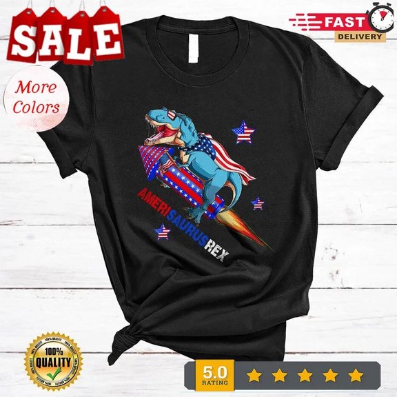 Hot Trending T-Shirt With Amerisaurusrex 4Th Of July American Flag T-Rex Riding Firecracker Shirt Design Preview Only