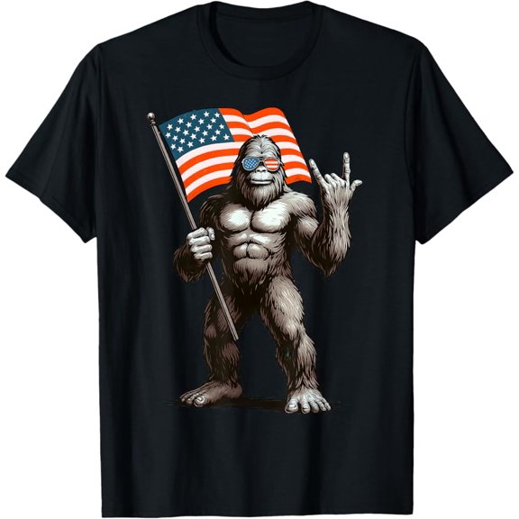 Hot Trending T-Shirt With Bigfoot American Flag Funny 4Th Of July Men Rock Sasquatch T-Shirt Design Preview Only