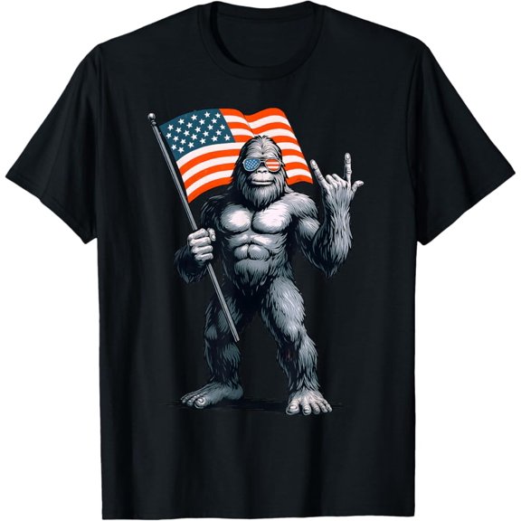 Hot Trending T-Shirt With Bigfoot American Flag Funny 4Th Of July Men Rock Sasquatch T-Shirt Design Preview Only