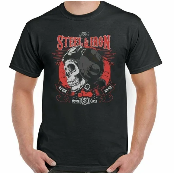 Hot Trending T-Shirt With Biker T-Shirt Skull Motorcycle Steel & Iron Open Road Motorbike Bike Design Preview Only