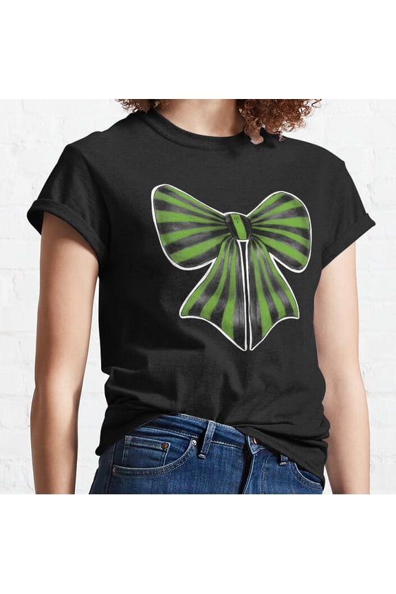Hot Trending T-Shirt With Black And Green Stripy Bow Design Preview Only
