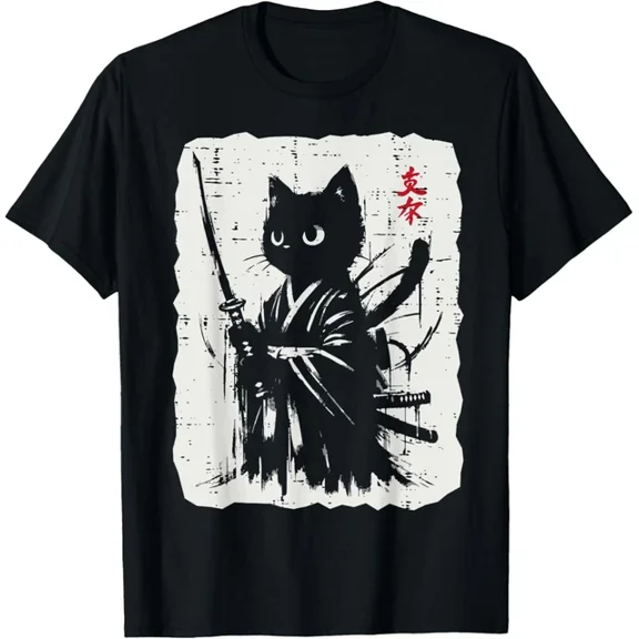 Hot Trending T-Shirt With Black Cat Samurai Japanese Katana Kimono Art Women Kid T Shirt Funny Gift Design Preview Only