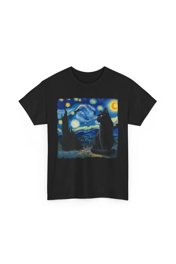 Hot Trending T-Shirt With Black Cat Starry Night T-Shirt S-5Xl | Van Gogh’S Starry Night Print In Fashion