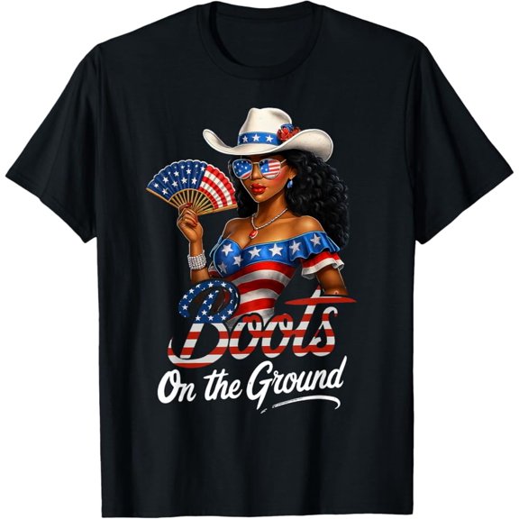 Hot Trending T-Shirt With Boots On The Ground 4Th Of July Western Flag Cowgirl T-Shirt Design Preview Only