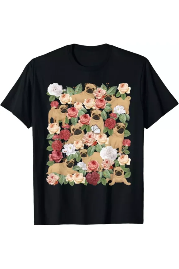 Hot Trending T-Shirt With Botanical Black Pug Garden - Floral Dog Owner Pet Lover T-Shirt Design Preview Only