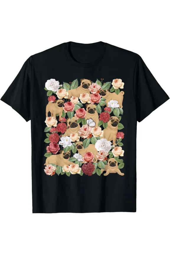 Hot Trending T-Shirt With Botanical Black Pug Garden - Floral Dog Owner Pet Lover T-Shirt Design Preview Only