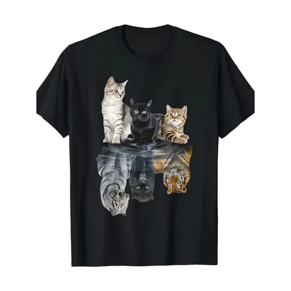 Hot Trending T-Shirt With Cat Reflection Mirror Lion Cheetah Tiger Cat Printed T-Shirt, 1Pc, 100% Cotton,