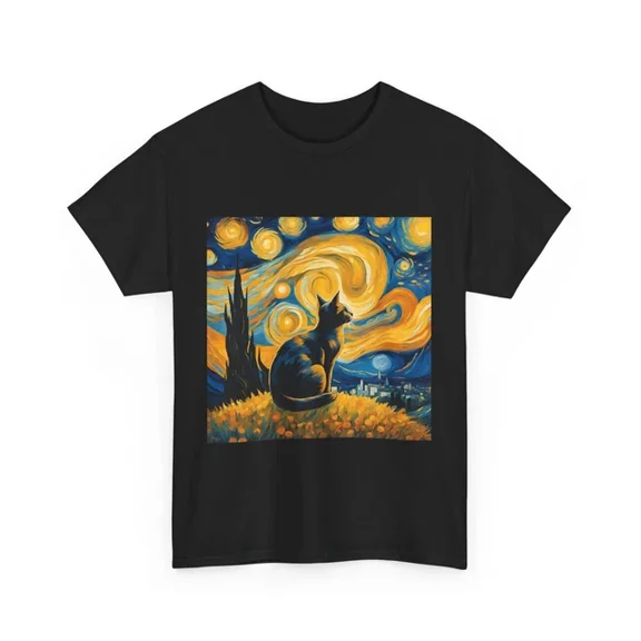 Hot Trending T-Shirt With Cat Shirt | Starry Night Cat Shirt | Vintage Black Cat Shirt L