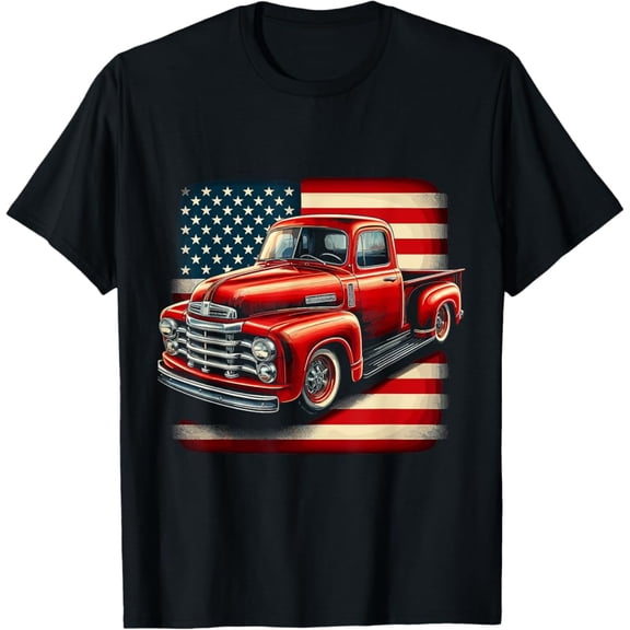 Hot Trending T-Shirt With Classic Old Pickup Truck 4Th Of July Patriotic American Flag T-Shirt Design Preview Only